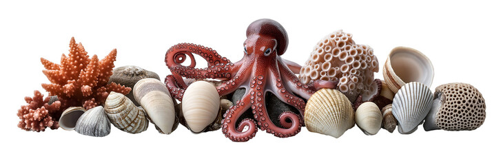 Underwater Creatures Including Octopus and Shellfish &ndash; PNG