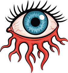 Blue eye with red veins and stylized blood vessels vector graphic design illustration