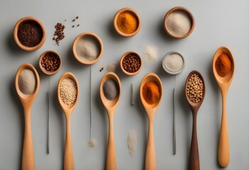 top view wooden spoons grains spice containers gray speckled background