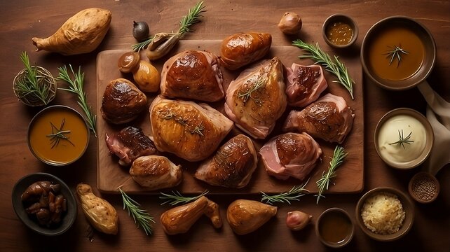 Roasted Chicken, Duck, and Quail with Golden Highlights and Herb Garnish, for cookbooks, culinary tutorials, food photography portfolios, and advertisements for kitchenware or specialty meat products
