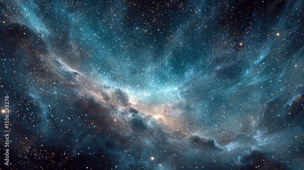 Poster exploring the vast cosmic expanse of the universe and the milky way galaxy, a dazzling display of st