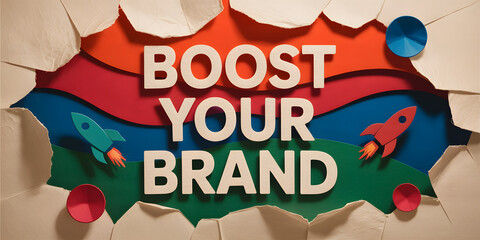 Torn paper layers with rockets and "BOOST YOUR BRAND" text in colorful backdrop

