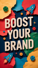 Colorful layered paper design with rockets and "BOOST YOUR BRAND" text

