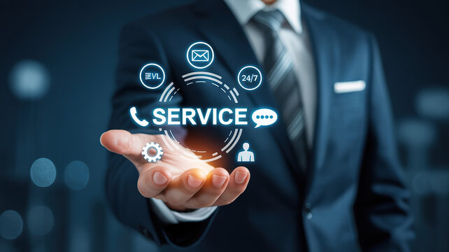 Businessman presenting a digital interface with service icons and the word service