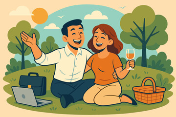 Work life balance concept with a happy couple on a picnic. Businessman relaxing with his partner after work in a park. Unwinding from job stress. Harmony vector cartoon illustration.