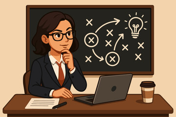 Businesswoman at a desk strategizing a game plan on a chalkboard. Concept of business tactics, project management, problem solving and negotiation. Manager creating a winning strategy.