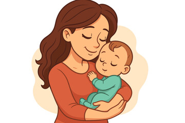 Caring mother gently embracing her sleeping infant baby with love. Happy motherhood and maternity concept. Woman holding a newborn child. Family bond and affection vector illustration.