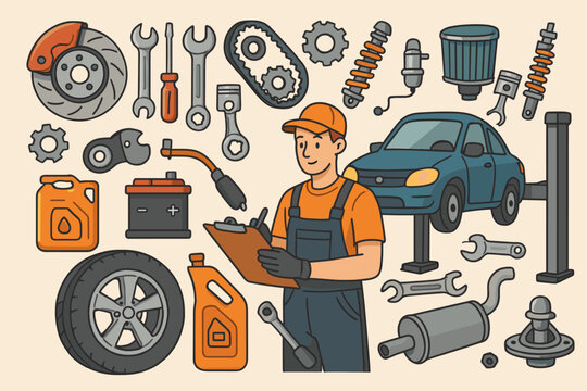 Auto repair service concept. Mechanic character with clipboard doing vehicle maintenance and diagnostics in a garage. Set of car parts icons for repair shop. Vector cartoon illustration.
