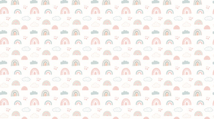 Gentle Boho Rainbow and Clouds Seamless Pattern