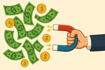 Businessman Hand Holding Magnet Attracting Money, Cash, Coins. Financial Success, Wealth Attraction, Investment, Revenue Growth, Money Magnet Concept. Vector Cartoon Illustration for Finance