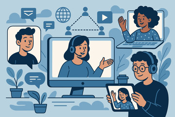Remote Teamwork Collaboration, Virtual Meeting, Digital Communication, Online Learning, Video Conference, Distance Education, Technology, People Networking, Modern Work, Cartoon Vector Illustration