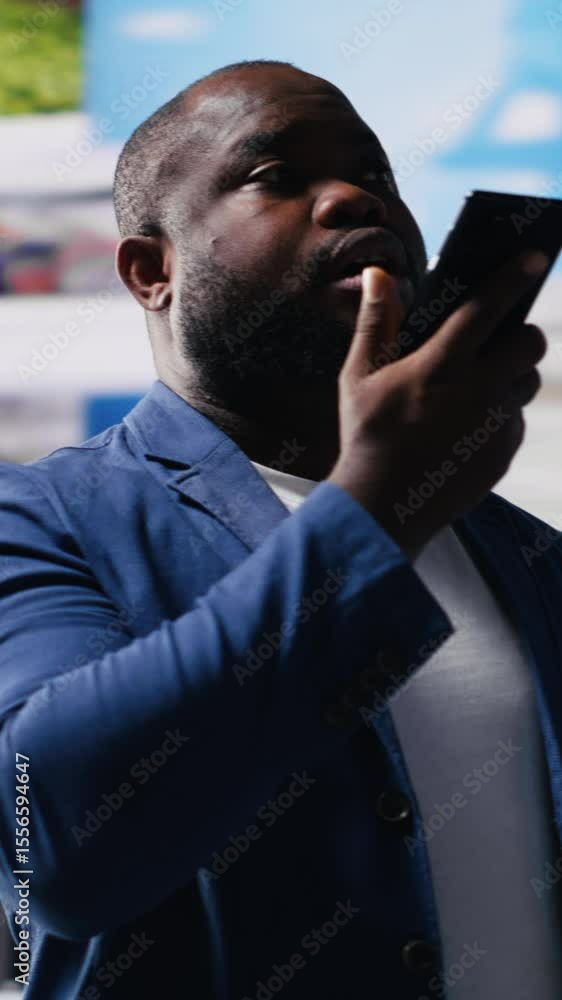 Poster vertical video smiling user answering a smartphone call next to mobile apps on screen, surrounded by