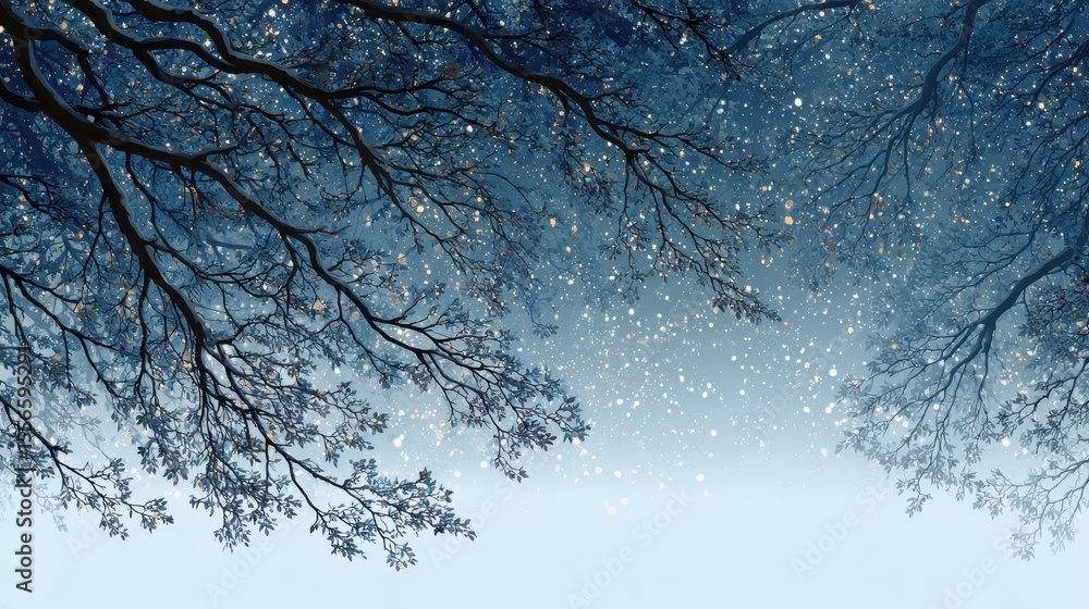 Poster winter wonderland perspective of bare tree branches and falling snow at night with shimmering light