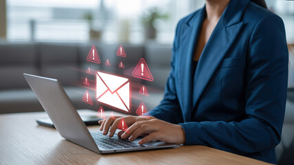 Businesswoman receives alarming email notifications while working on laptop