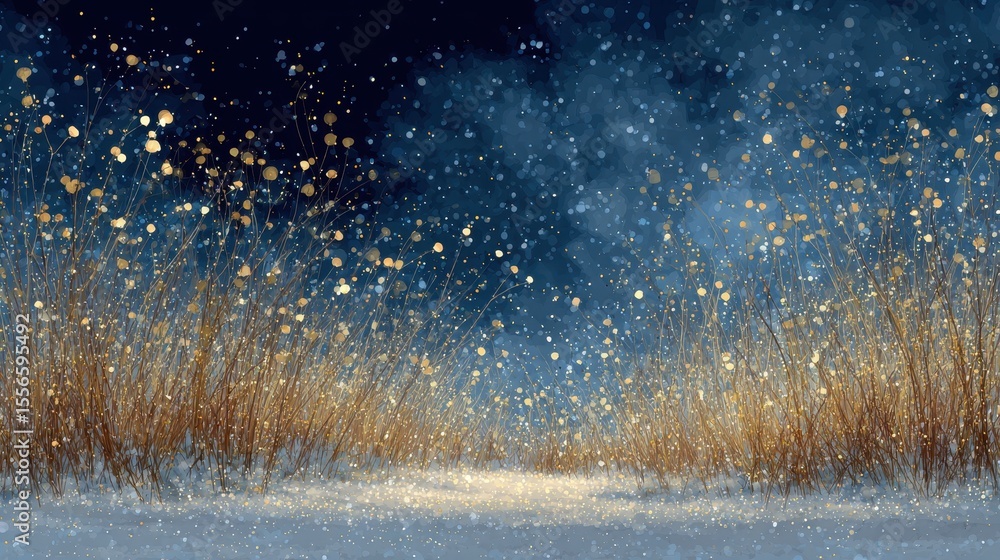 Poster winter wonderland perspective of bare tree branches and falling snow at night with shimmering light