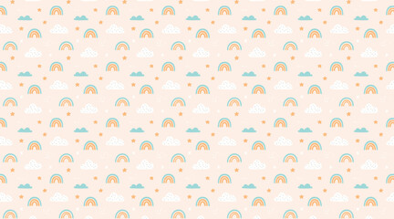 Calm Boho Rainbow and Clouds Seamless Pattern
