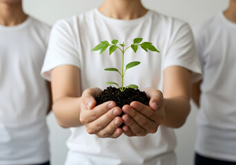 Hands gently holding a small green plant seedling in soil with people in the background