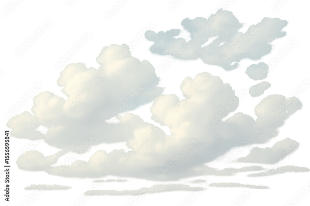 Poster set of different white clouds floating on transparent background, ideal for photo editing and graphi
