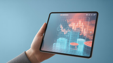 Person holding a tablet displaying a futuristic 3d financial graph with stock market data