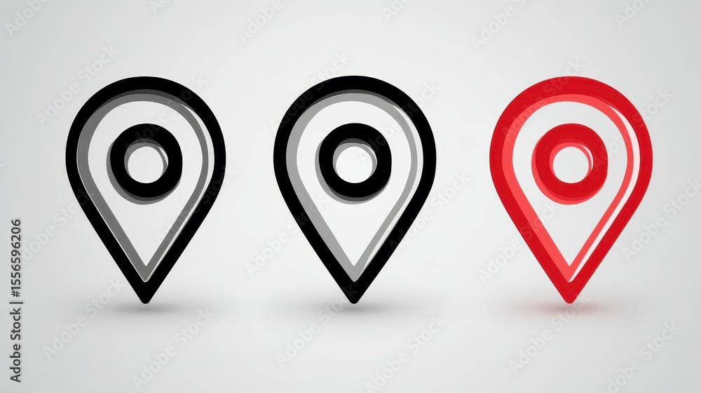 Fototapete different colored location pin icons aligned on white background representing navigation and mapping
