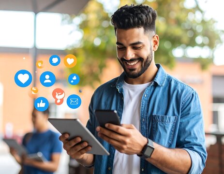 Man using tablet and phone, social media icons