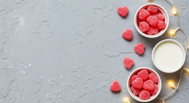 Sweet Valentine's Day: Heart-Shaped Candies, Milk, and Twinkling Lights on Textured Gray Background - Powered by Adobe