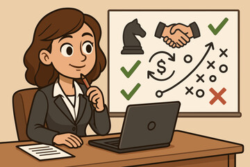 Businesswoman planning strategy at desk. Cartoon vector illustration of a manager developing a game plan. Concept for negotiation tactics, financial deals, and business success.