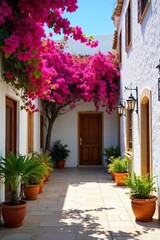 Naklejka premium Tranquil Andalusian Courtyard Sun-Drenched Whitewashed Walls, Cascading Bougainvillea, Overflowing Terracotta Pots, and a Serene Fountain