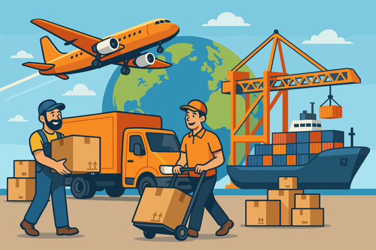 International cargo delivery and logistics transportation. Global shipping solutions with air, sea, and land freight. Cartoon vector illustration of supply chain and distribution.