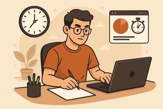 Productivity and time management concept vector illustration. Man using a time tracker app on his laptop to monitor work hours and improve focus. Freelancer managing tasks at a desk.