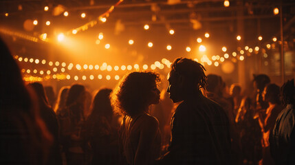 A lively Halloween party scene with people dancing under string lights. A couple shares a moment in the foreground, surrounded by a diverse crowd.