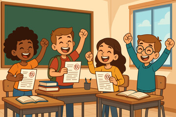 Happy diverse students celebrating perfect test scores. Multiethnic kids in classroom holding exam papers with 100 grade. Educational achievement, academic success. Cartoon vector illustration.