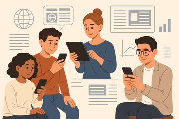 Diverse group of modern people reading news on smartphones and tablet. Characters consuming digital media content and online information. Flat vector cartoon illustration of connectivity.