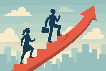 Professional growth and career ladder concept with business man and woman silhouettes. People climbing up stairs shaped like a rising arrow. Metaphor for success, ambition, promotion.