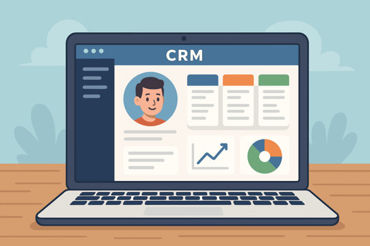 Customer Relationship Management CRM software dashboard on a laptop screen. Business system with a client profile, data analytics, pie chart, and a growth graph. Marketing and sales concept.