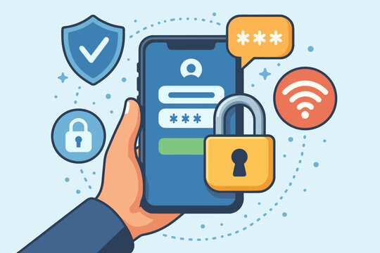 Mobile banking security and data protection concept. Hand holds phone with login password screen. Cybersecurity, online payment, privacy, and authentication with padlock and shield icon. Vector.