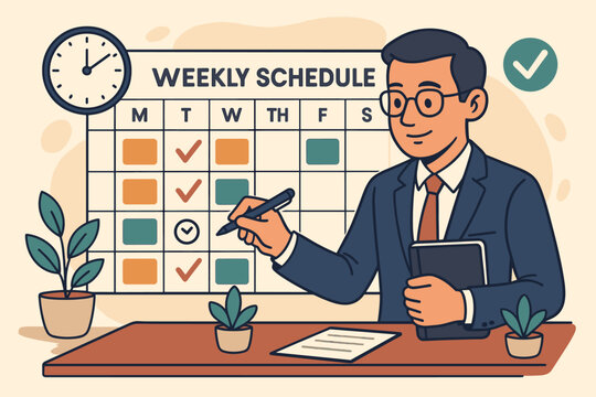 Organized manager creating weekly schedule to maximize efficiency. Time management and productivity concept. Businessman planning work agenda on calendar. Vector illustration.