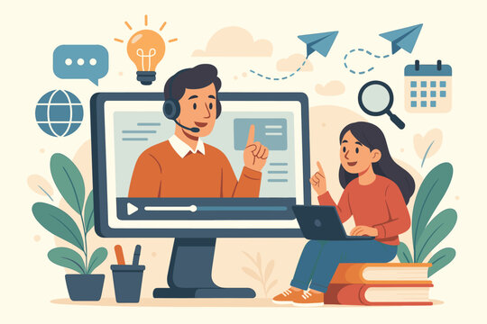 Online coaching and modern education concept. A student learning from home via video conference with a tutor. E-learning, webinar, and virtual classroom vector illustration.