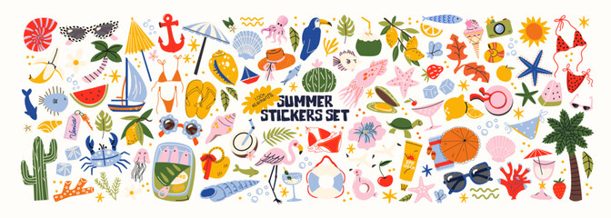 Plakat Cartoon summer stickers in retro 90s style. Summer party, vacation, beach season, shore, sun, swimwear. Bright groovy funky summer elements and shapes. Sticker pack of patches, labels, stamps