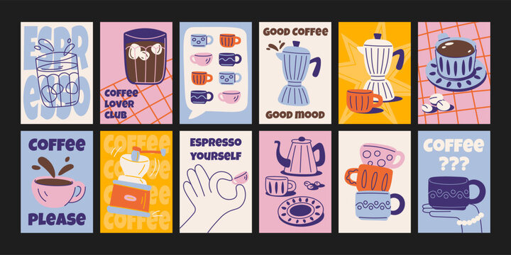 Coffee posters in cartoon retro style. Cups, moka pot, espresso machine, cappuccino. Colorful illustrations for baristas and kitchens. Decor for kitchens, cafes and restaurants. Minimalist wall banner