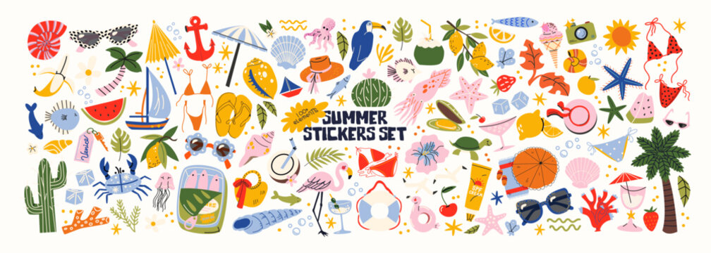 Cartoon summer stickers in retro 90s style. Summer party, vacation, beach season, shore, sun, swimwear. Bright groovy funky summer elements and shapes. Sticker pack of patches, labels, stamps