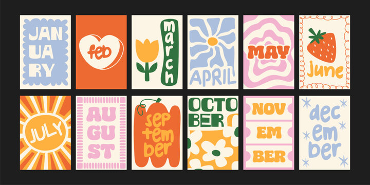 Colorful month posters in cartoon retro style. Fun illustrations with all twelve months of the year and seasonal symbols: sun, strawberry, flower. Decor for decor for calendars and diaries, wall decor