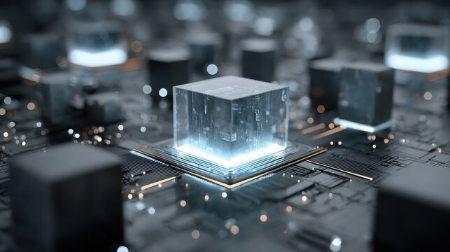 Abstract technology background featuring central illuminated translucent cube on circuit board surface with surrounding dark geometric shapes - Powered by Adobe