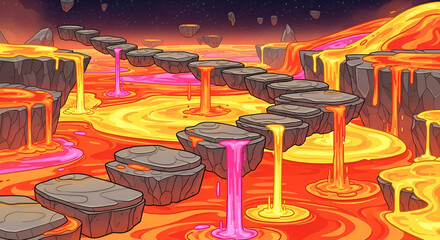 Volcanic Stepping Stones A Cartoonish Landscape of Flowing Lava and Floating Islands in a Fiery Realm