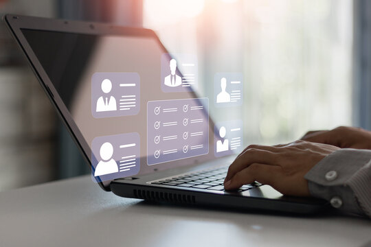 HR, Human resources management concept. Employees must complete the online survey form, answer test questions, and Mark the checklist on a clipboard profile view. Online business technology concept.