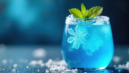 Close-up shot of a vibrant blue snowflake-shaped ice drink, garnished with a sugared rim and a sprig of mint Perfect for winter or holiday themed menus and advertisements , refreshing, blue ice