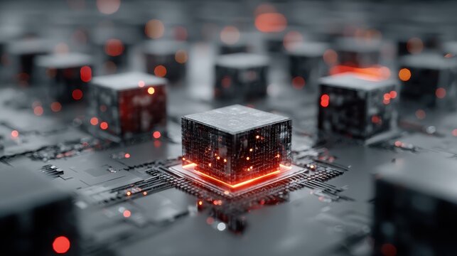 Abstract technology background featuring central illuminated translucent cube on circuit board surface with surrounding dark geometric shapes