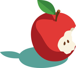 Red apple with bite mark and green leaf casting shadow on white background simple vector design