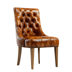 Ornate brown leather dining chair featuring deep button tufting and sturdy wooden legs isolated against a plain transparent background for.