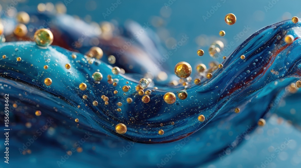 Poster abstract blue water wave with golden spheres creating a dynamic artistic composition